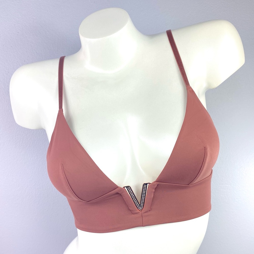 XS VS Deep Metal V Plunge Rhinestone Pink Bra